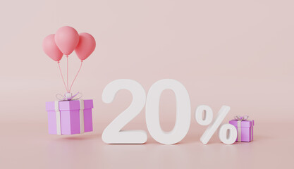 Gift box and balloons with twenty percent sign, Festive gift surprise, Holiday decoration