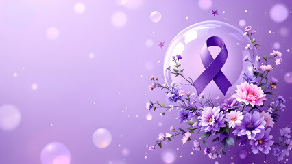 Purple World Cancer Day design, featuring a cancer awareness ribbon inside a bubble with surrounding floral decorations. Perfect for healthcare initiatives and cancer awareness campaigns.