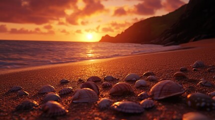 A vivid orange and pink sunset over a peaceful beach with scattered seashells.
