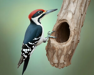 Pileated woodpecker inspecting nest cavity in tree, green background.  Wildlife photography for nature documentaries, websites, and educational materials