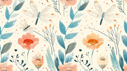 Seamless floral pattern with dragonflies and flowers.