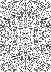 Black Outline Intricate Mandala Pattern. Yoga, meditation poster. Coloring book page.