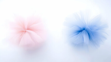 Pink and blue tulle pom-poms on white background; craft, decoration, wedding, party