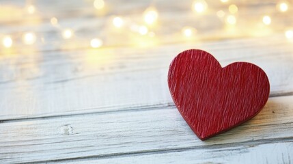 Fototapeta premium Red wooden heart on white wood symbolizes love and romance with soft bokeh lights creating a magical atmosphere for Valentine's Day