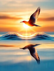 Fototapeta premium Bird flying over waves at sunset reflection.