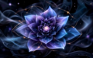 Glowing Purple and Blue Fractal Flower Mystical Digital Art Abstract Floral Design Energy Bloom