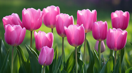 Fototapeta premium Vibrant Pink Tulips Blooming in a Spring Garden