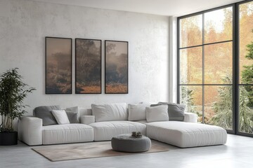 Bright and Inviting Living Room Featuring Cozy Sofa, Elegant Decor, and Stylish Wall Art in Modern Ambiance