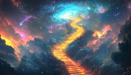 A glowing staircase spiraling into a radiant sky infinite potential.