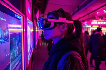 Immersive Virtual Reality Experience: Exploring Vivid Digital Worlds with Advanced Headsets in a Neon Cityscape.