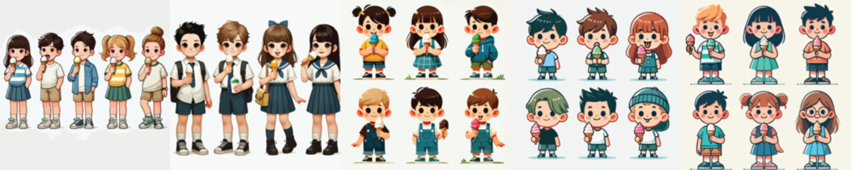 set of vector characters of little kids eating ice cream