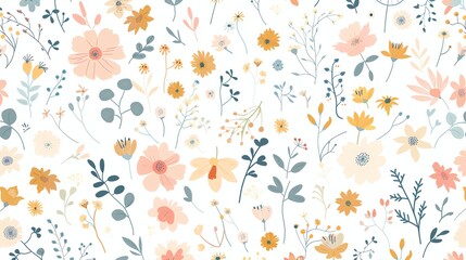 A repeating pattern of hand-drawn flowers in various shades of yellow, pink and white on a white background.