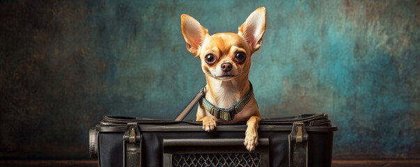 Plakat Chihuahua in pet carrier, looking curious and alert, ready for travel. This adorable dog showcases its playful personality while sitting comfortably in stylish carrier