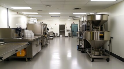 Brightly lit supplement production facility featuring large mixers and conveyors, with room for text.