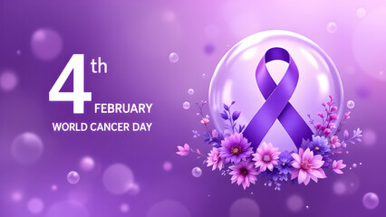 Purple-themed World Cancer Day image featuring a large number "4," "FEBRUARY," and a purple awareness ribbon surrounded by floral designs. Perfect for cancer awareness campaigns.