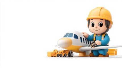Cartoon Character with Airplane and Construction Tools in Bright Colors