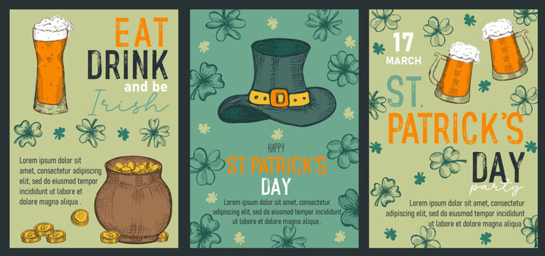 Set of trendy templates for Happy St Patrick's day with clovers, leprechaun hat, beer mugs. Great for invitation, greeting cards, flyers, banners and posters. Vector illustration