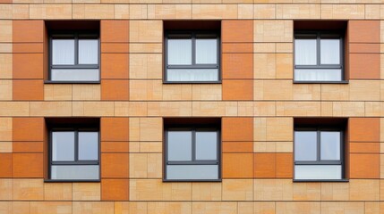 Obraz premium Modern Apartment Building Facade with Orange and Beige Cladding and Dark Windows