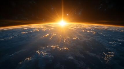 Aerial View of Earth Capturing a Stunning Sunrise Over the Clouds with Rays of Light Breaking Through the Atmospheric Layers in Space