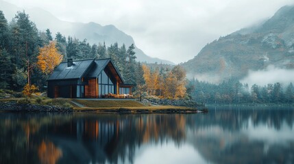 Fototapeta premium Modern Lakeside Cabin in Autumnal Mountain Scenery