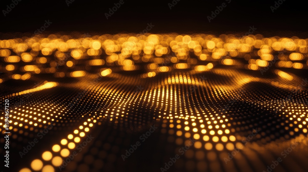 Poster futuristic grid with interconnected glowing dots and lines on a dark background.