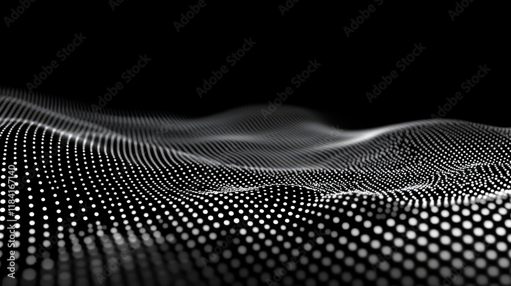 Poster futuristic grid with interconnected glowing dots and lines on a dark background.