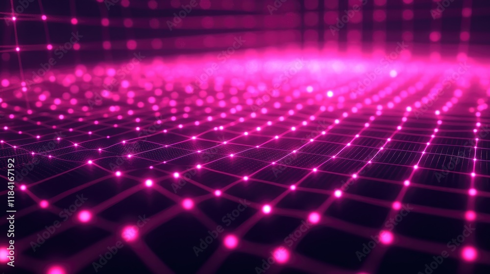 Poster futuristic grid with interconnected glowing dots and lines on a dark background.