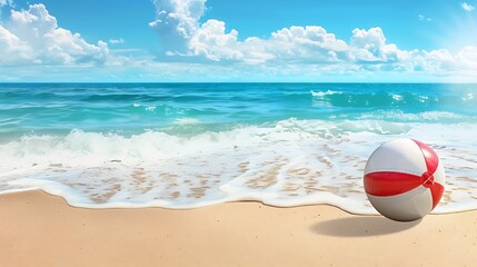 Obraz premium Colorful ball on sandy shore with ocean waves and clear sky