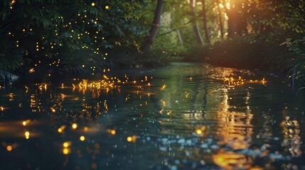 Fireflies hovering near a stream, their soft lights reflected in the surface.