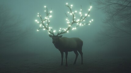 In a mystical forest shrouded in fog, a magnificent stag with glowing antlers stands gracefully