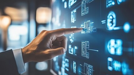 Engineers developing futuristic devices, adjusting digital circuits on an advanced touchscreen.