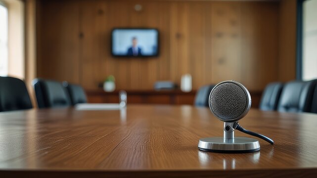 Side view of microphone and tablet computer placed on meeting table in conference room of local administration, copy space