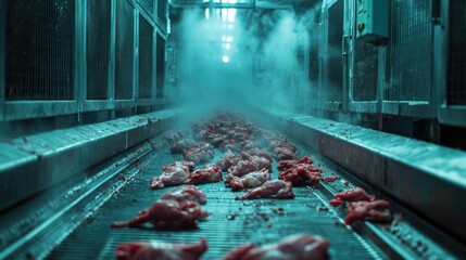 Conveyor belts with raw chicken pieces moving through an automated processing line in a sterile factory. Copy space available.