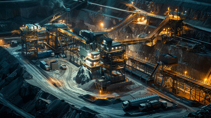 The mineral processing plant operates non-stop, using advanced machinery and conveyor belts to separate valuable minerals from waste materials in the crushing process.