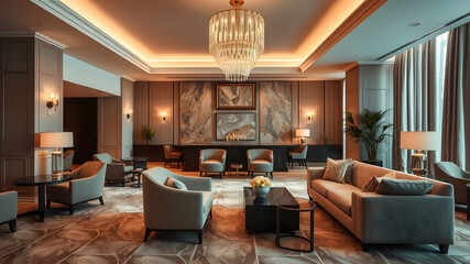 An image of a lounge in a luxury hotel that uses soft, rich and neutral tones. Generative AI