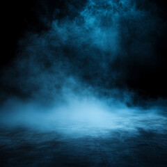 Fototapeta premium A dark background sets the stage for an atmospheric stock photo, featuring an empty floor with icy blue and white fog, adding a cool, wintry vibe.