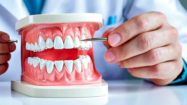 Dental model showing teeth and dental tools for oral hygiene education and care.