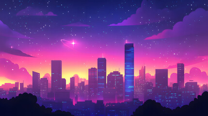 Neon City Skyline Under a Starry Night Sky