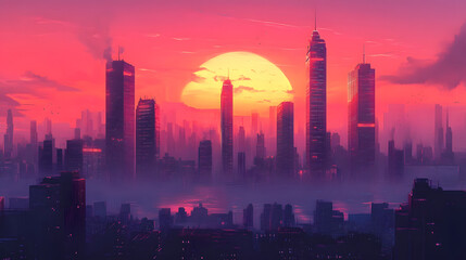 Cityscape Silhouette at Sunset with Tall Buildings