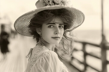 A beautiful young woman stands on the pier made generative AI concept