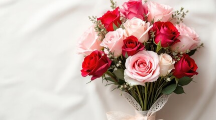 Fototapeta premium Bouquet of Vibrant Roses Tied with Ribbon Elegantly Displayed Against Clean White Background