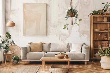 The stylish boho compostion at living room interior with design gray sofa, wooden coffee table, commode and elegant personal accessories. Light-colored pillow and plaid. Cozy apartment. Home decor
