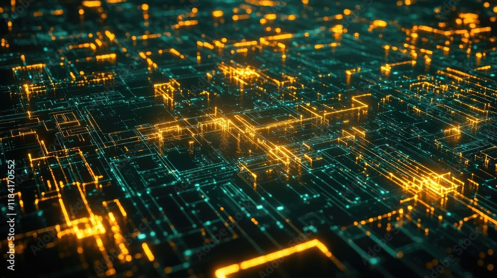 Poster luminous grid patterns with glowing nodes and connecting lines, symbolizing connectivity.