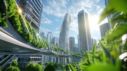 Modern eco-city skyline with green buildings and elevated walkways. Sustainable urban development concept.  Future city, green technology, environmental sustainability.