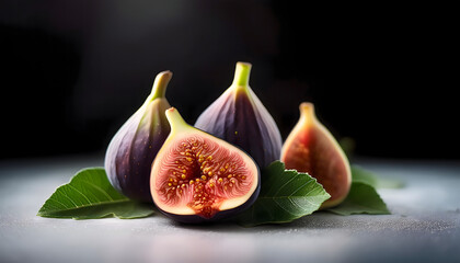 Background of freshly picked and cleaned figs with green leaves  slice of fig fruit fig fruits cut out on a black background. fig fruit. fig fruit slice. purple banner. copy space. generative ai