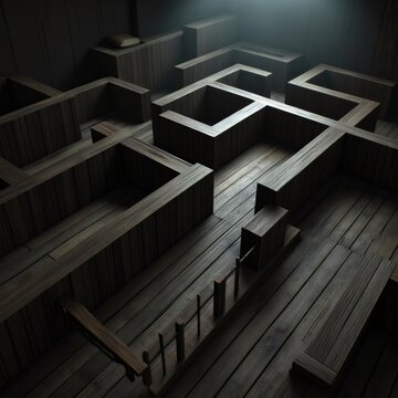 Intrigante laberinto de madera con sombras y atm&oacute;sfera misteriosa
