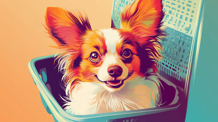 cheerful Papillon dog sitting confidently in pet carrier, showcasing its vibrant fur and expressive eyes. This playful scene captures joy of pet companionship