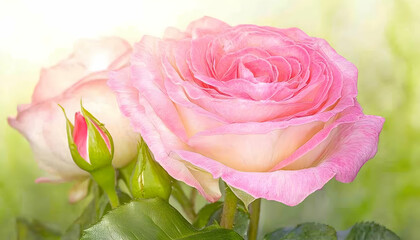 Pink roses blooming close-up, soft background, garden setting, ideal for romantic greeting cards