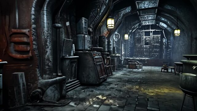 Modern dieselpunk dungeon sci-fi interior with mechanical accents