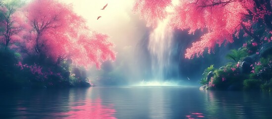 Serene Waterfall Cascading Amidst Dreamlike Pink Blossoms